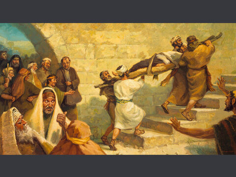 La curación del paralítico.<br/>“Entonces llegaron unos hombres que llevaban en una camilla a un paralítico. Procuraron entrar para ponerlo delante de Jesús.”<br/>Lucas 5:18<br/>Texto completo: Lucas 5:17-25 – Número de diapositiva 5