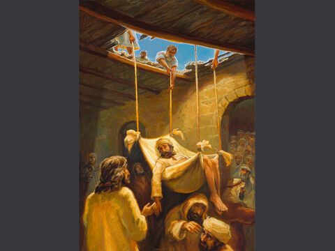 Un hombre paralítico atravesó el techo.<br/>“Entonces llegaron unos hombres que llevaban en una camilla a un paralítico. Procuraron entrar para ponerlo delante de Jesús, pero no pudieron a causa de la multitud. Así que subieron a la azotea y, separando las tejas, lo bajaron en la camilla hasta ponerlo en medio de la gente, frente a Jesús.”<br/>Lucas 5:18-19<br/>Texto completo: Lucas 5:17-25 – Número de diapositiva 6