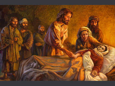 Jesús resucita a la hija de Jairo.<br/>“Pero Él la tomó de la mano y le dijo:<br/>—¡Niña, levántate!”<br/>Lucas 8:54<br/>Texto completo: Lucas 8:40-56 – Número de diapositiva 10