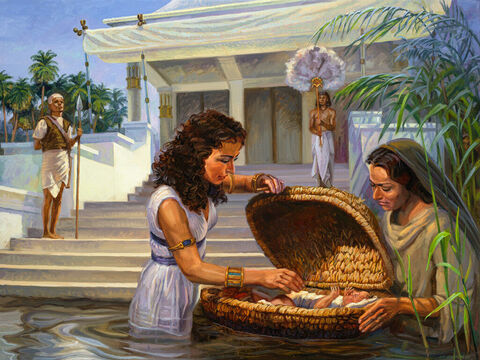 El nacimiento de Moisés.<br/>“En eso, la hija del faraón bajó a bañarse en el Nilo. Sus doncellas, mientras tanto, se paseaban por la orilla del río. De pronto la hija del faraón vio la cesta entre los juncos, y ordenó a una de sus esclavas que fuera por ella. Cuando la hija del faraón abrió la cesta y vio allí dentro un niño que lloraba, le tuvo compasión y exclamó:<br/>—¡Es un niño hebreo!”<br/>Éxodo 2:5-6<br/>Texto completo: Éxodo 2:1-10 – Número de diapositiva 1