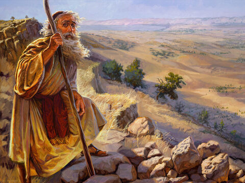 Moisés en el Monte Nebo.<br/>“Moisés ascendió de las llanuras de Moab al monte Nebo, a la cima del monte Pisgá, frente a Jericó. Allí el Señor le mostró todo el territorio.”<br/>Deuteronomio 34:1<br/>Texto completo: Deuteronomio 34:1-7 – Número de diapositiva 11