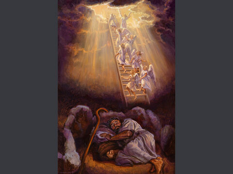 El sueño de Jacob en Betel.<br/>“Allí soñó que había una escalinata apoyada en la tierra, y cuyo extremo superior llegaba hasta el cielo. Por ella subían y bajaban los ángeles de Dios. En el sueño, el Señor estaba de pie junto a él y le decía: «Yo soy el Señor, el Dios de tu abuelo Abraham y de tu padre Isaac. A ti y a tu descendencia les daré la tierra sobre la que estás acostado.”<br/>Génesis 28:12-13<br/>Texto completo: Génesis 28:10-17 – Número de diapositiva 2