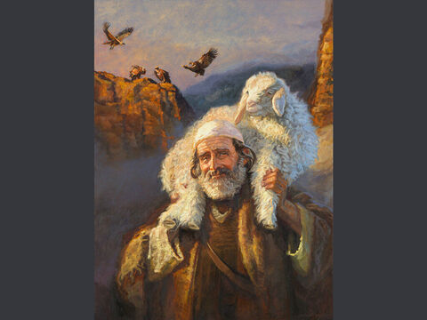 Parábola de la oveja perdida - pintura 1.<br/>“Y, cuando la encuentra, lleno de alegría la carga en los hombros.”<br/>Lucas 15:5<br/>Texto completo: Lucas 15:3-7 – Número de diapositiva 7