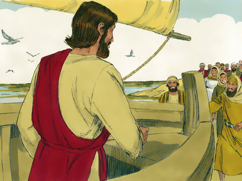 Jesús había estado al otro lado del Mar de Galilea y una gran multitud le esperaba en su regreso a Capernaum. – Número de diapositiva 2