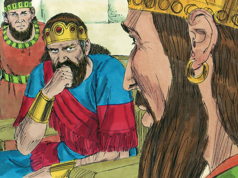 En el banquete, el Rey Ajab le preguntó a Josafat:<br/>–¿Irás conmigo a la guerra para capturar Ramot de Galaad? – Número de diapositiva 4
