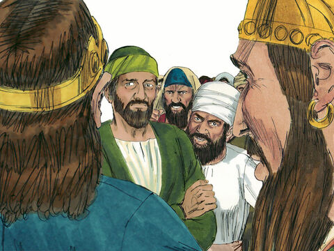 Cuando el profeta del Señor llegó, el Rey Ajab le preguntó:<br/>–Micaías, ¿debemos ir a la guerra contra Ramot de Galaad o no? – Número de diapositiva 12