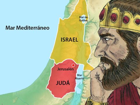 Cuando el Rey Asa murió, su hijo Josafat se convirtió en rey del Reino del Sur de Judá. Tenía 35 años. El Rey Ajab era el gobernante del Reino del Norte. – Número de diapositiva 1