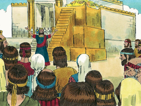 El Rey Josafat se paró en el patio del templo y rezó:<br/>–Señor, tú eres tan grande y poderoso. ¿Quién puede enfrentarte? Creemos que en un momento de calamidad tal como la guerra, la enfermedad o la hambruna, podemos recurrir a ti para salvarnos. Creemos que nos escucharás y nos rescatarás. – Número de diapositiva 5