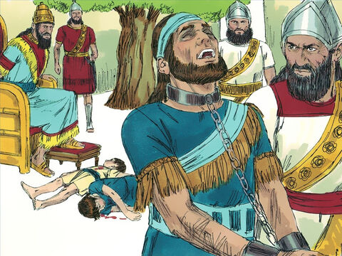 Los crueles babilonios obligaron a Sedequías a mirar mientras asesinaban a sus hijos. Luego, le quitaron los ojos y lo llevaron a Babilonia en cadenas como prisionero. – Número de diapositiva 14