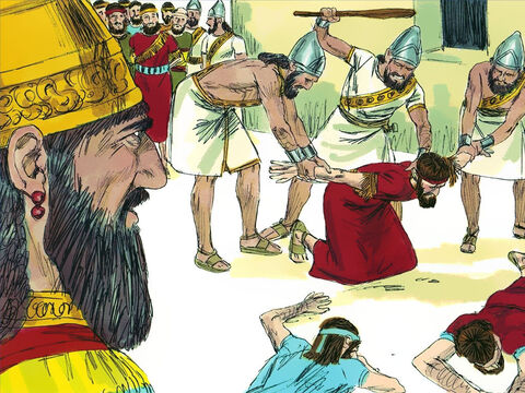El general babilonio llevó a los sacerdotes, oficiales de la corte y comandantes del ejército más importantes al campamento de Nabucodonosor. Allí, los babilonios los golpearon hasta matarlos. – Número de diapositiva 16