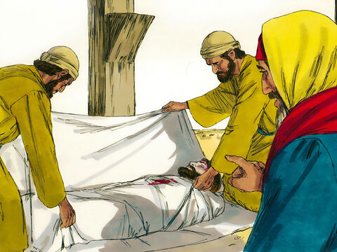 José bajó el cadáver de Jesús, lo envolvió en una tela de lino y lo llevó a una tumba vacía abierta en la roca. – Número de diapositiva 13
