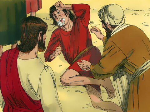 Cuando el espíritu vio a Jesús, inmediatamente sometió al muchacho a una convulsión. El muchacho cayó al suelo y rodó, sacando espuma por la boca. – Número de diapositiva 5