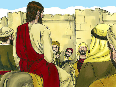 Los dos discípulos llevaron al borrico a Jesús. Colocaron sus abrigos sobre el asno joven y luego sentaron a Jesús. – Número de diapositiva 6