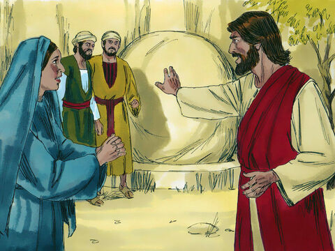 Llevaron a Jesús a la tumba. Era una cueva con una piedra puesta encima. “Quiten la piedra”, dijo Jesús. Marta protestó: “Señor, hiede ya, pues es de cuatro días” – Número de diapositiva 10