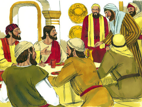 Más tarde, Mateo dio un banquete en su casa con Jesús como invitado de honor. Muchos de los recaudadores de impuestos amigos de Levi y otros invitados comieron con ellos. – Número de diapositiva 4