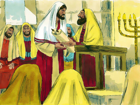 Jesús se levantó a leer y le fue dado el libro del profeta Isaías. Abriendo el rollo, comenzó a leer en Isaías 61:1-2 – Número de diapositiva 2