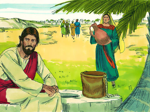 Jesús se sentó junto al pozo para descansar mientras sus discípulos iban al pueblo a comprar alimentos. Una mujer samaritana se acercó para sacar agua del pozo. – Número de diapositiva 3