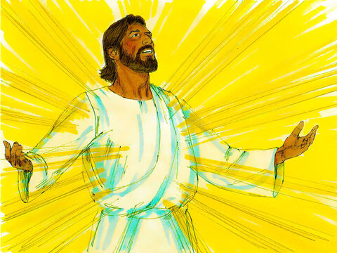 Mientras Jesús rezaba, el aspecto de Su cara cambió y Sus vestimentas se volvieron tan brillantes como el rayo de un relámpago. – Número de diapositiva 4