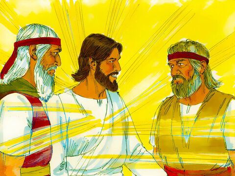 Dos hombres, Moisés y Elías, aparecieron en glorioso esplendor y hablaron con Jesús. Hablaron sobre las cosas que estaban por ocurrirle a Jesús para cumplir con las Escrituras. – Número de diapositiva 5
