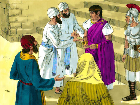 Muy temprano por la mañana, los principales sacerdotes y ancianos ataron a Jesús y lo llevaron ante Pilatos, el gobernador romano. – Número de diapositiva 1