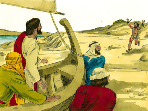 Cuando Jesús y sus discípulos empujaron el bote costa arriba, él fue corriendo hacia ellos. – Número de diapositiva 5