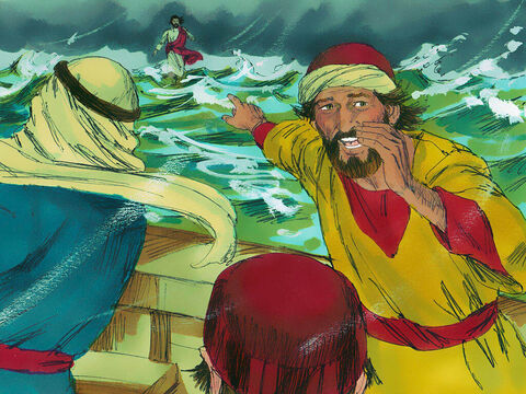 Estaba por pasar el barco caminando, pero los discípulos lo divisaron.<br/>–¡Es un fantasma! –exclamaron con terror. – Número de diapositiva 5