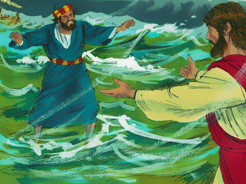 Pedro salió del barco y empezó a caminar hacia Jesús. Pero cuando escuchó el sonido del viento y vio las olas, empezó a dudar de si podría mantenerse a flote. – Número de diapositiva 8