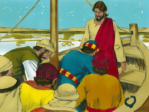 Los discípulos estaban profundamente sorprendidos y adoraron a Jesús.<br/>–Realmente eres el Hijo de Dios –exclamaron. <br/>Casi inmediatamente el barco llegó a la orilla. – Número de diapositiva 11