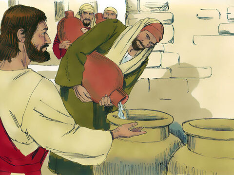 Jesús le dijo a los sirvientes que llenaran las tinajas con agua. Ellos obedecieron y llenaron cada una de ellas hasta el borde. – Número de diapositiva 5
