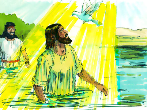Tan pronto como Jesús salió del agua, los cielos se abrieron y él vio al Espíritu de Dios que descendía en la forma de una paloma. Una voz dijo desde el cielo:<br/>–Este es mi hijo amado y estoy muy complacido con Él.<br/>Juan les dijo a las personas:<br/>–Cuando Dios me envió para que bautizara, me dijo: “Cuando veas al Espíritu Santo descender y apoyarse sobre alguien, Él es el que estás buscando. Él es el que bautizará con el Espíritu Santo”. He visto que esto ocurrió con Jesús y doy testimonio de que Él es el Hijo de Dios. – Número de diapositiva 9