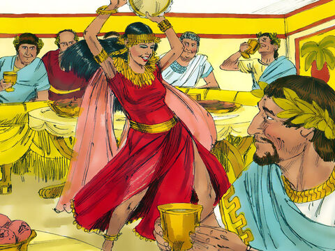 En las festividades, Salomé, la hija de Herodías, bailó para los invitados del banquete. Su danza cautivó a todos y complació a Herodes Antipas que quiso recompensarla. – Número de diapositiva 6