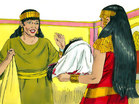 El verdugo trajo la cabeza de Juan en una bandeja para mostrársela a los invitados en el banquete. Herodes se la presentó a Salomé, que se la dio a su madre. – Número de diapositiva 11