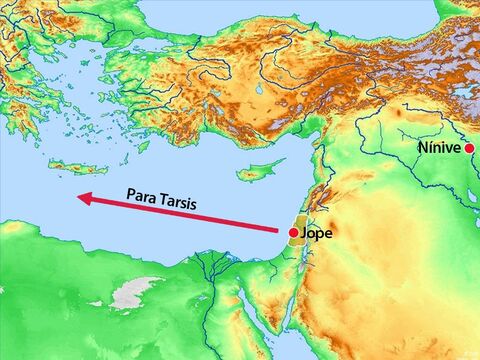 El barco se dirigía a Tarsis a través del Mar Mediterráneo, lo cual era lo más lejos en dirección opuesta a Nínive que alguien pudiera ir. – Número de diapositiva 5