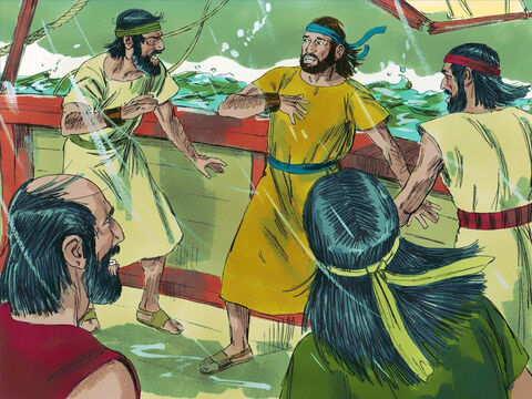 La tormenta empeoró. Finalmente, Jonás les confesó a los marineros:<br/>–Esta tormenta ha ocurrido por mi culpa, ya que he huído del Señor. Arrójenme al mar y se calmará. – Número de diapositiva 7