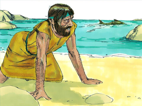 Tres días y tres noches más tarde, el pez vomitó a Jonás sobre tierra firme. Dios lo había perdonado y le había salvado la vida. – Número de diapositiva 11