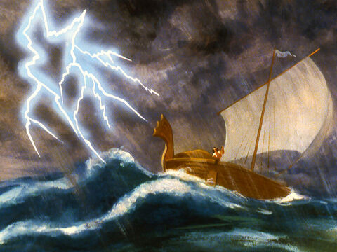 Mientras Jonás dormía, Dios provocó una tormenta como nunca antes habían visto los marineros. – Número de diapositiva 15