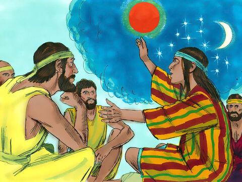 Más tarde, José compartió otro sueño con ellos:<br/>–Escuchen –dijo–, esta vez el sol y la luna y once estrellas se inclinaban ante mí. – Número de diapositiva 5