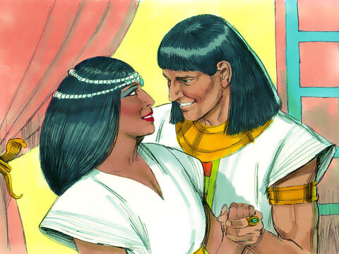 José, con 30 años de edad, recibió un nuevo nombre egipcio: Zafnat-panea. El Faraón también le dio una esposa cuyo nombre era Asenat. Entonces, José se hizo cargo de toda la tierra de Egipto. – Número de diapositiva 14