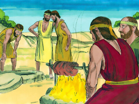Mientras estaban sentados comiendo su comida, vieron una caravana de comerciantes ismaelitas que venían de Galaad. Sus camelos venían cargados de especias, bálsamo y mirra que llevaban a Egipto. – Número de diapositiva 12