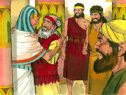 José viajó a Gosén para encontrarse con su padre. Se abrazaron y José lloró, sosteniendo a su padre por largo tiempo. – Número de diapositiva 21