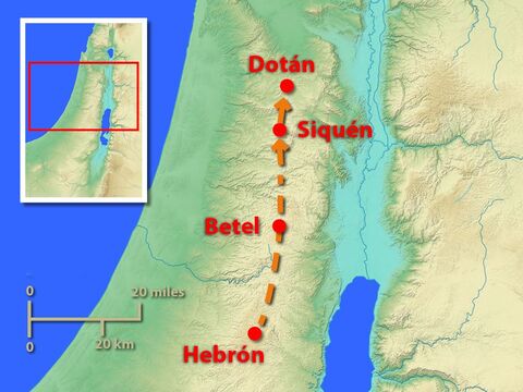 Este mapa muestra que Dotán quedaba a 16 km (10 millas) de Siquem, hacia el norte. – Número de diapositiva 5