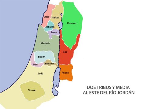 El río Jordán corría de norte a sur a través de la tierra. Moisés había prometido las tierras al este del río Jordán a las tribus de Rubén, Gad y la mitad de la tribu de Manasés. La otra mitad de la tribu de Manasés tenía las tierras al oeste del río Jordán. Estas tribus del este habían cruzado el río Jordán para ayudar a las otras tribus a luchar para recuperar su tierra. – Número de diapositiva 10