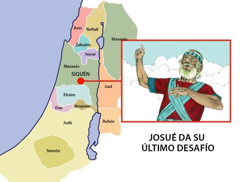 Josué entonces convocó a todos, incluidos los líderes, a una gran reunión en Siquem. Allí les dio sus últimas indicaciones recordándoles cómo Dios los había liderado y había cuidado de los judíos desde los tiempos de Abraham para conquistar la Tierra Prometida. – Número de diapositiva 5