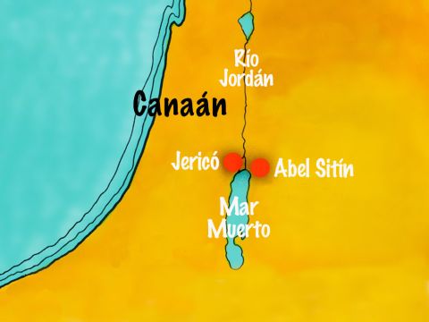 (Josué 1) Después de que Moisés murió, Josué y los otros pueblos acamparon en Abel-Sitim en el margen del río Jordán. – Número de diapositiva 2