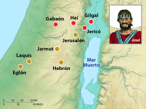 El Rey Adonisedec de Jerusalén envió mensajeros a varios otros reyes: Hoham de Hebrón, Piream de Jarmut, Jafía de Laquis y Debir de Eglón. Ellos acordaron combinar sus ejércitos para atacar Gabaón. – Número de diapositiva 3