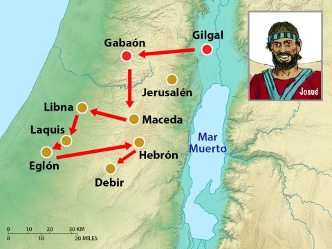 Los israelitas fueron a la captura de las ciudades de Libna, luego Eglón, Hebrón y Debir, antes de regresar victoriosos a Gilgal. – Número de diapositiva 15