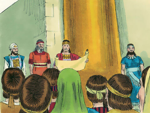 El Rey Josías convocó una reunión en el templo de todos en Jerusalén y Judá, junto con los sacerdotes y los levitas. El rey leyó las palabras de las leyes de Dios a todos y luego prometió obedecerlas con todo su corazón y su alma. Las personas prometieron hacer lo mismo. – Número de diapositiva 18