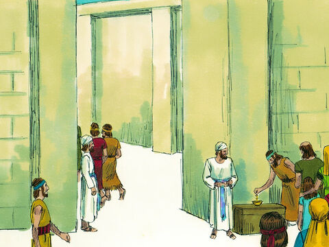 Finalmente, Joás decidió que él debía hacer algo, por lo que colocó una gran caja en la puerta del Templo. Cuando las personas llegaban para ofrecer sacrificios, se los alentaba a poner su contribución de dinero en la caja. – Número de diapositiva 8