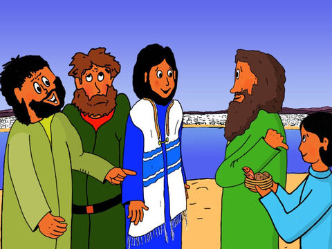 "Jesús, aquí hay un muchacho con cinco pequeños panes de cebada y dos pececillos, pero ¿qué es eso para tantos?", preguntó Andrés. – Número de diapositiva 16