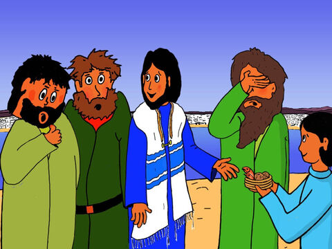Jesús se dirigió a sus discípulos y les dijo: "Que todos se sienten en la hierba en grupos de cincuenta”. – Número de diapositiva 18